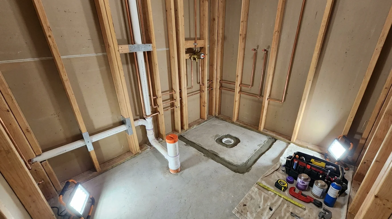 Bathroom rough-in plumbing during remodel by Johns Plumbing LLC in Liberty Center