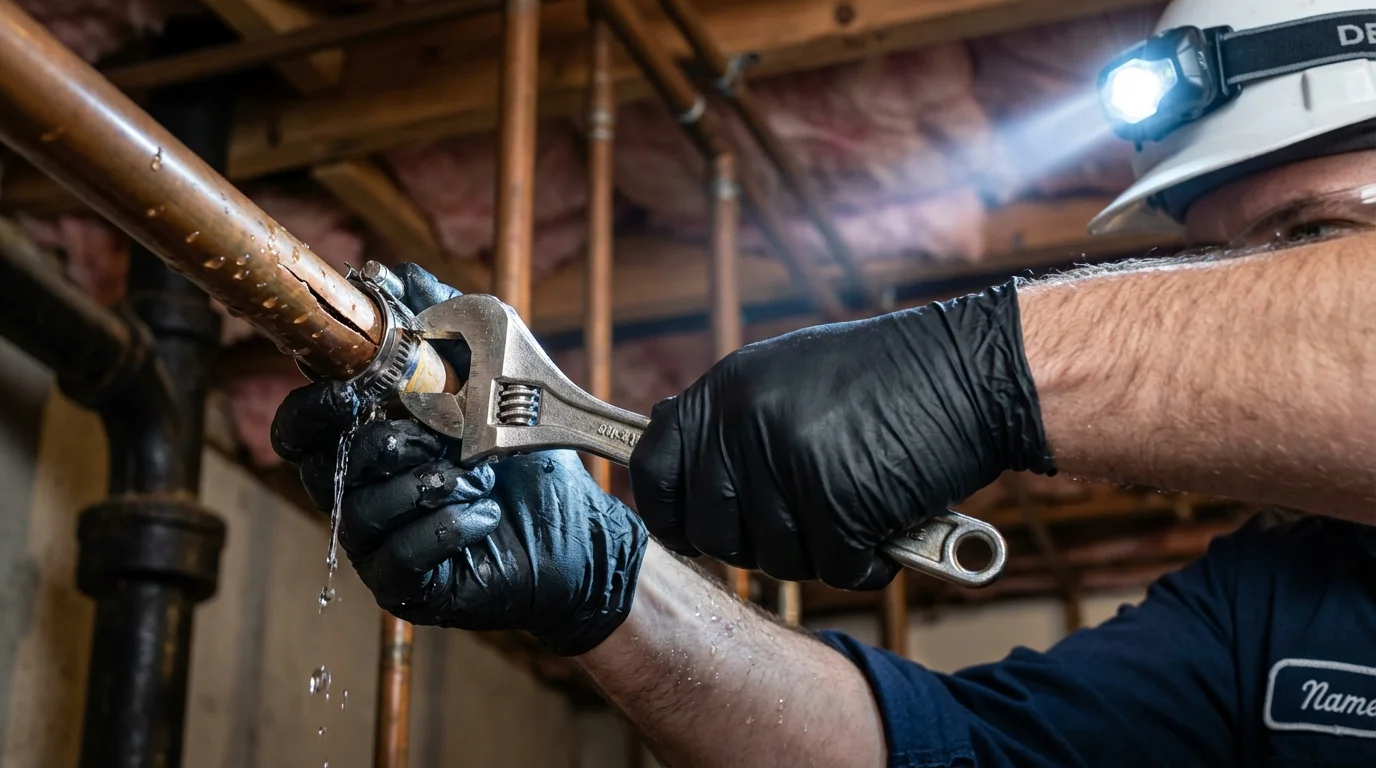 Emergency pipe clamp repair being performed by a Johns Plumbing LLC plumber in Liberty Center