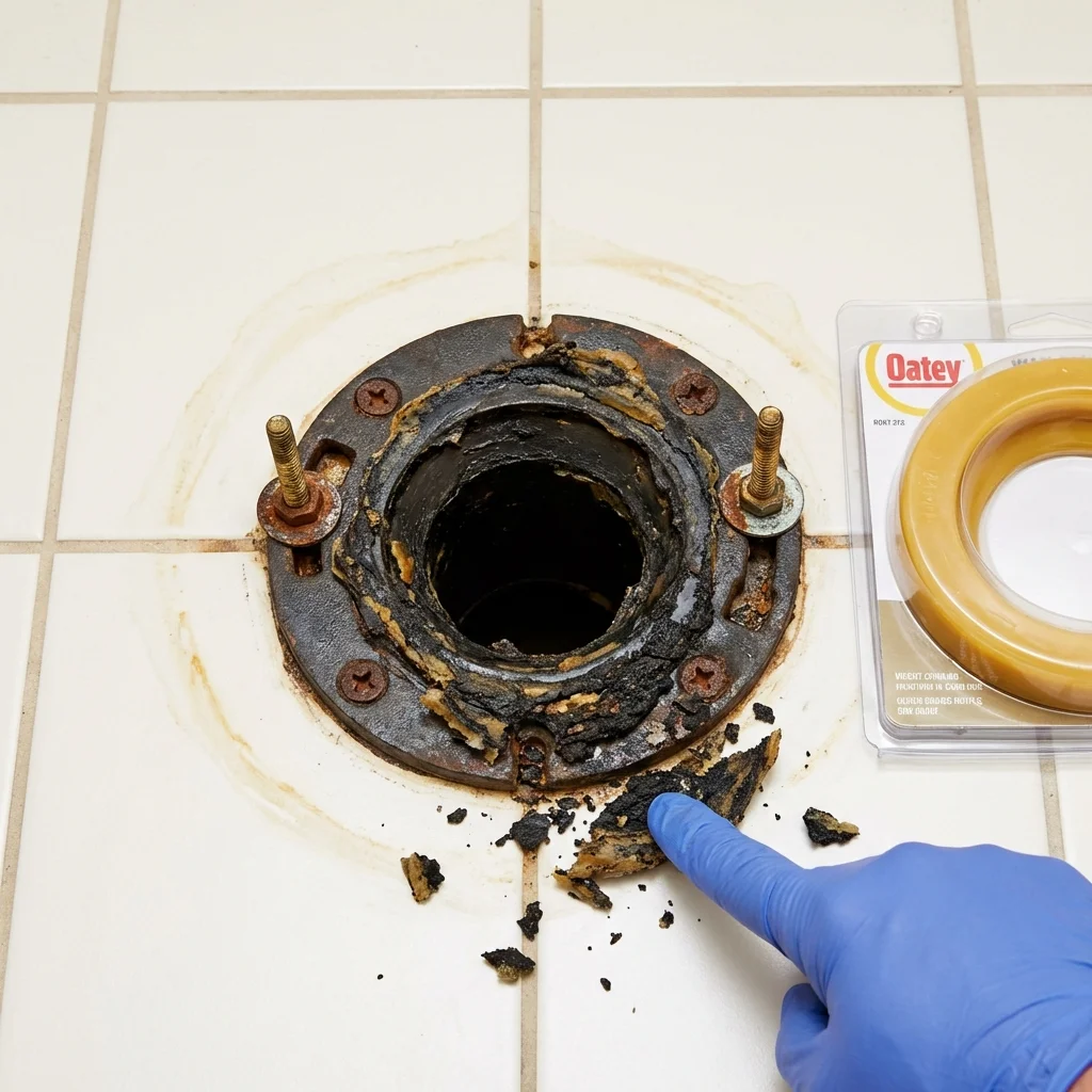 Failed wax ring showing water seepage at the base of a toilet in a Liberty Center, OH home