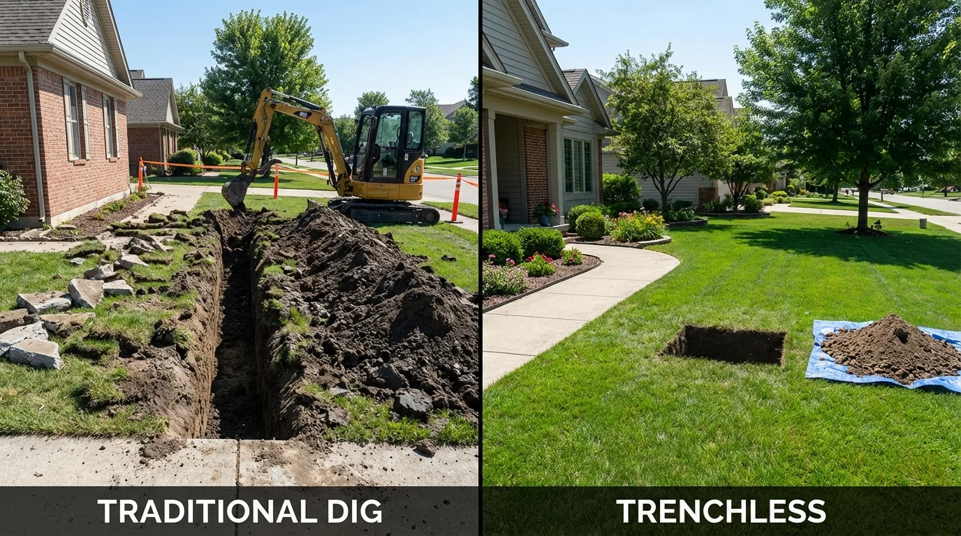 Trenchless sewer repair with minimal yard damage versus traditional excavation in Liberty Center, OH