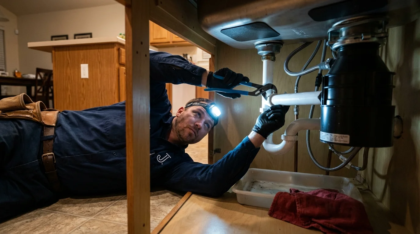 P-trap and supply line connections under a kitchen sink showing a common leak point in Liberty Center, OH